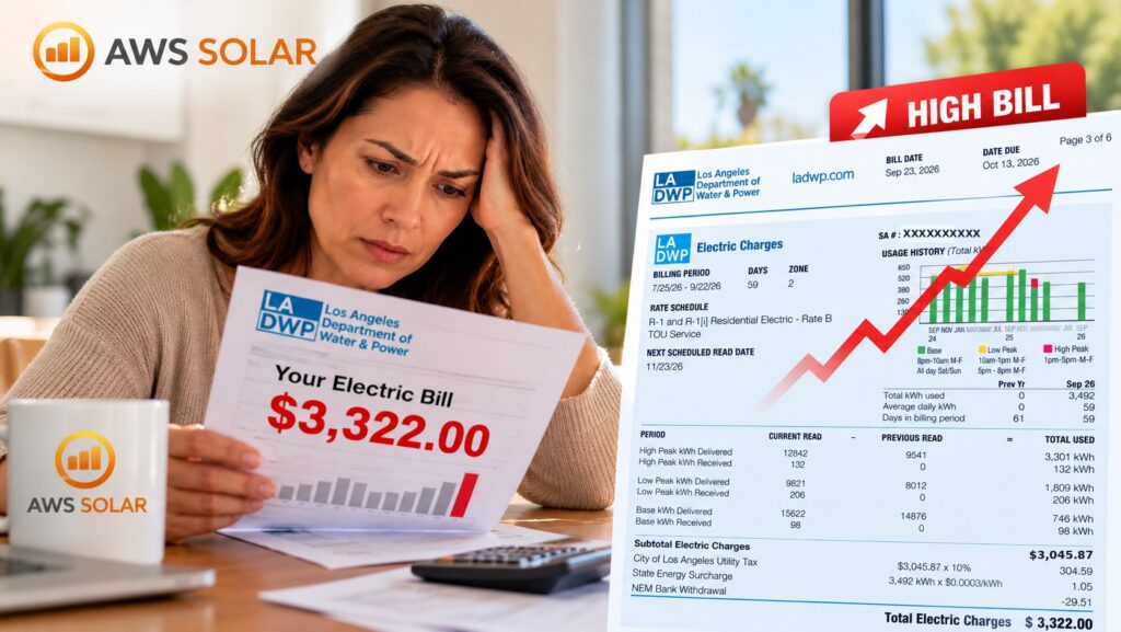Los Angeles homeowner reviewing a high LADWP electric bill during the 2026 heat wave (illustration)